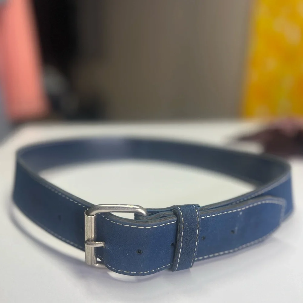Simulated Suede Belt Blue With silver buckle and white stitching Vintage